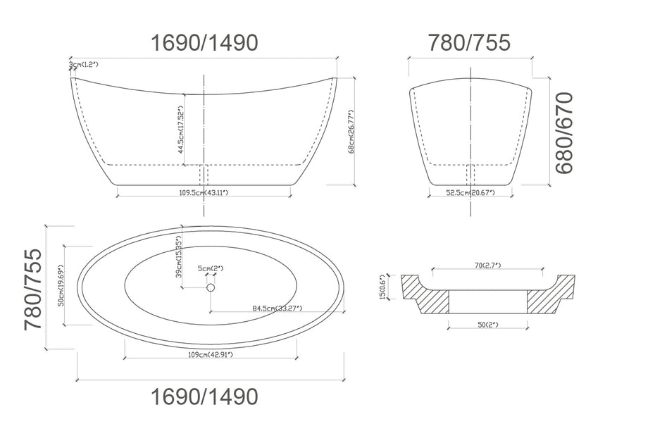 Black oval shape freestanding Bath tub -CURO 1700 BT281BK