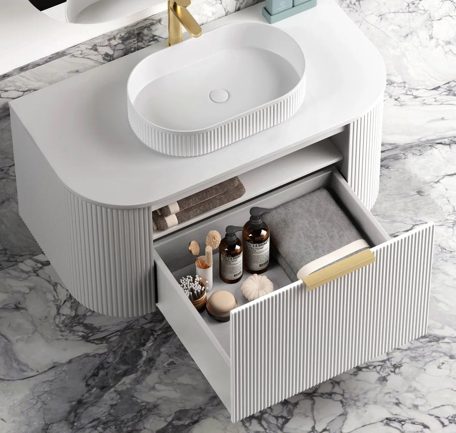 BONDI 750MM SATIN WHITE FLUTED WALL HUNG CURVE VANITY