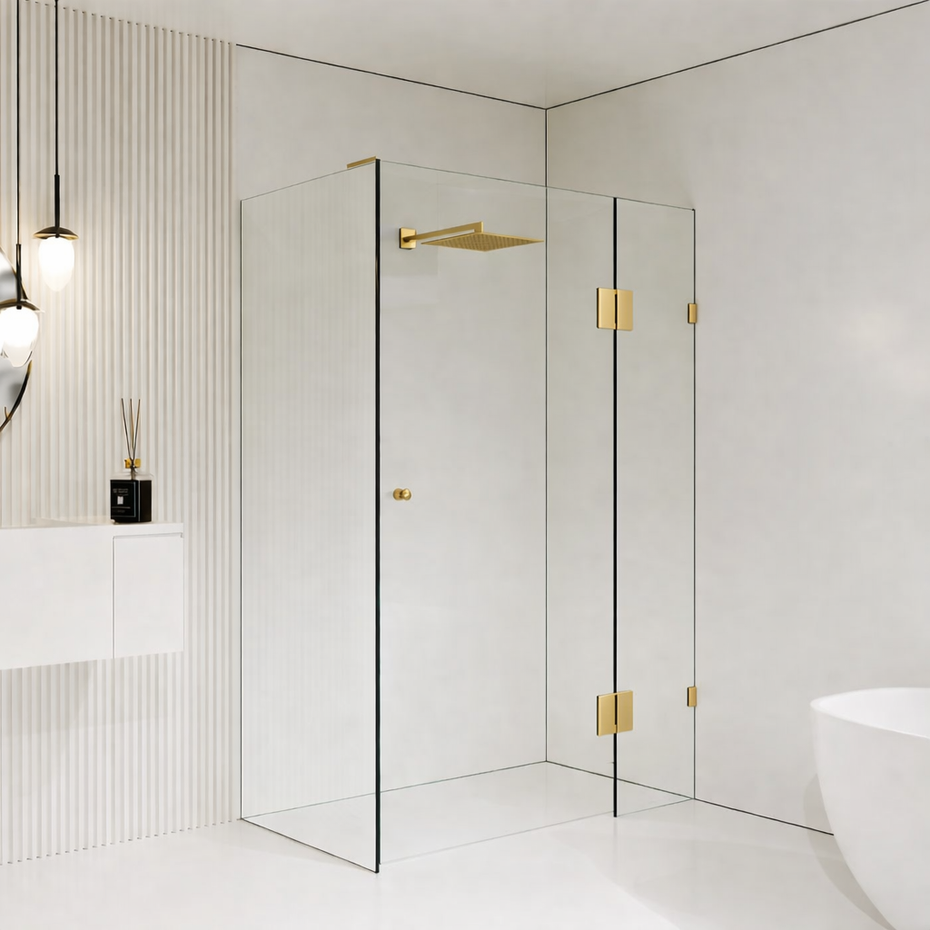 10mm Frameless Shower Screen with Hinged door - Brushed Gold