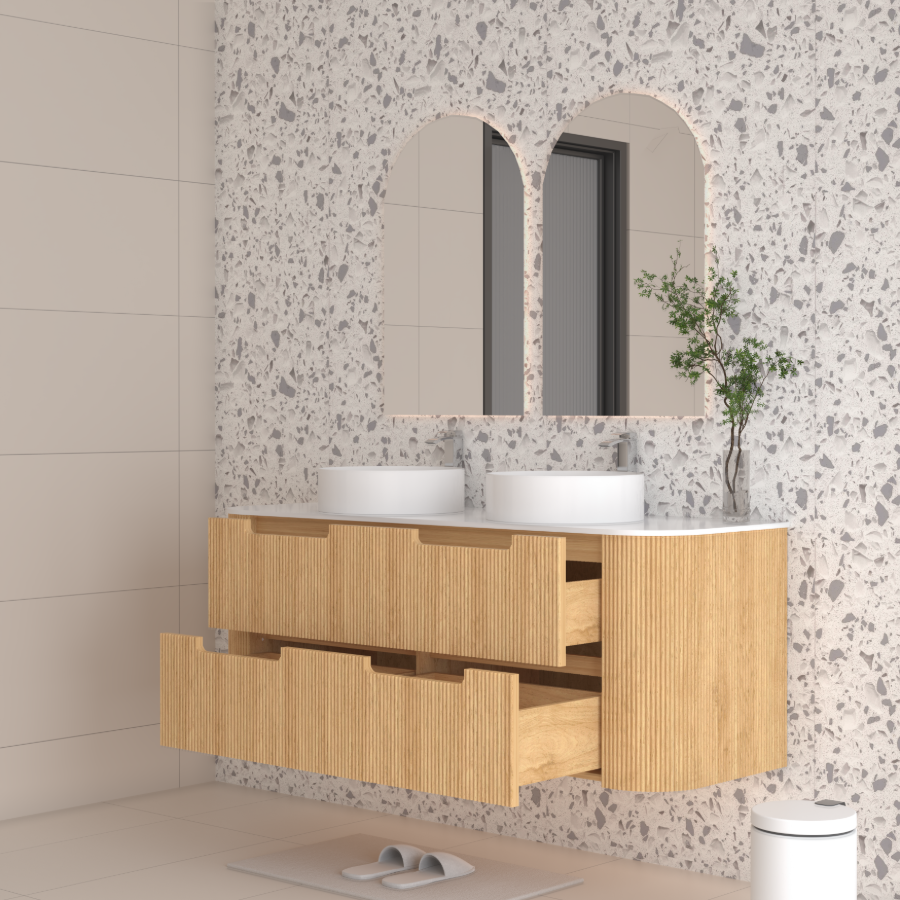 Hudson Wall Hung 1500mm Double Basin Curved Plywood Timber Fluted Vanity