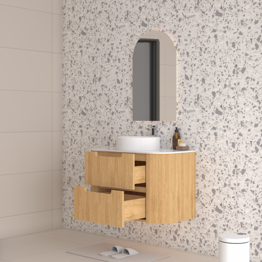 Hudson Wall Hung 900mm Curved Plywood Timber Fluted Vanity