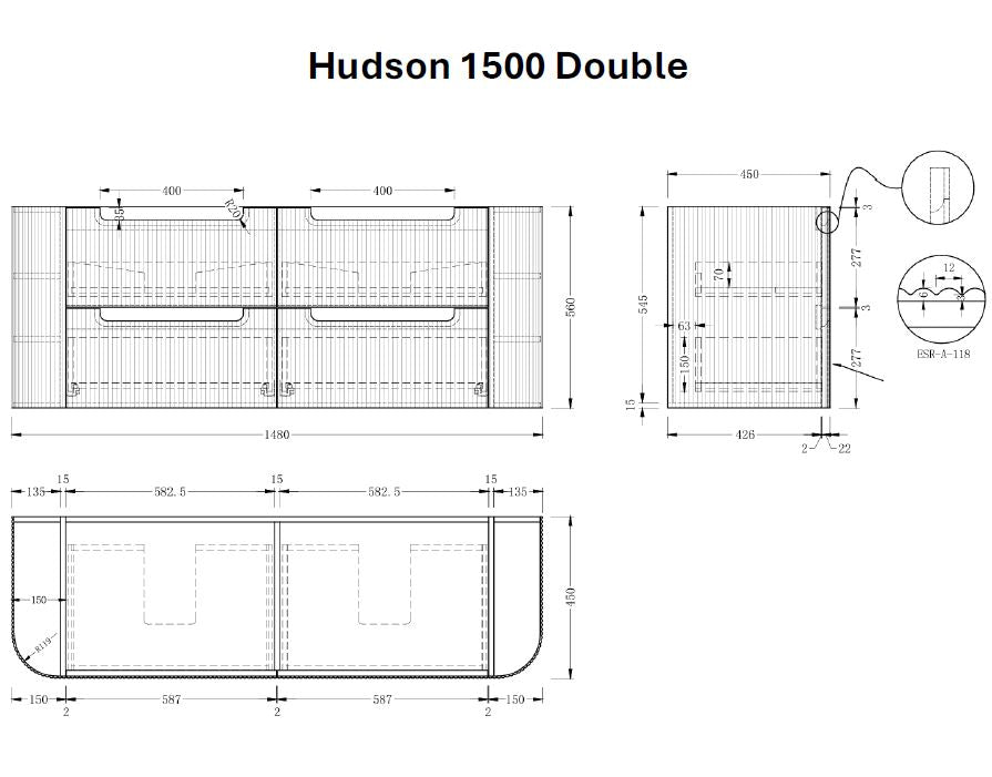 Hudson Wall Hung 1500mm Double Basin Curved Plywood Timber Fluted Vanity