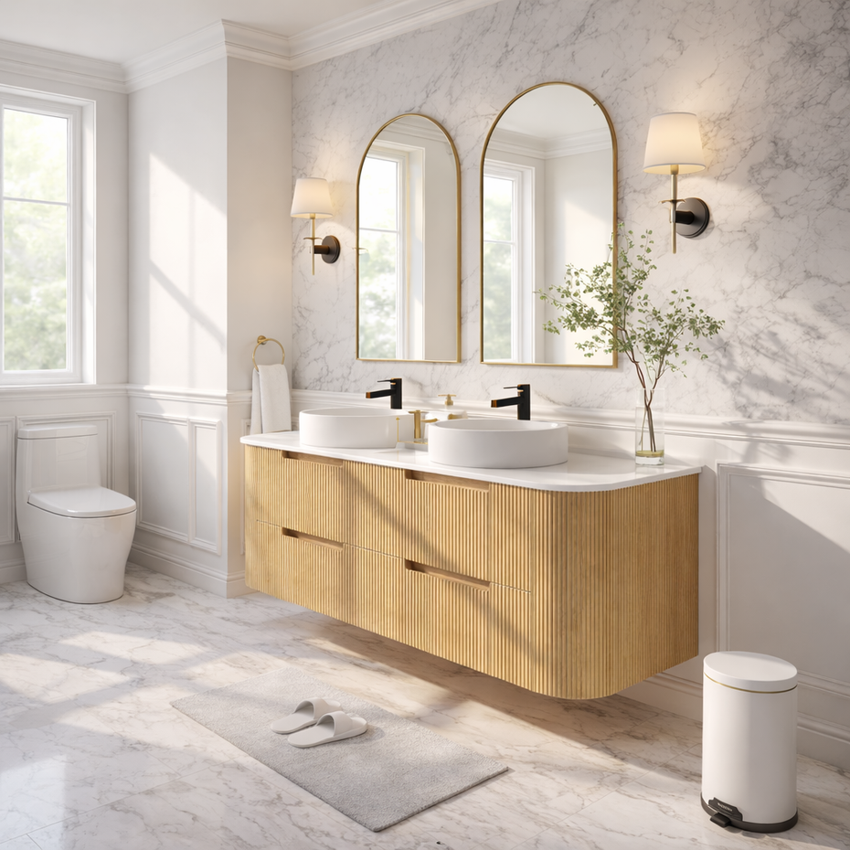 Hudson Wall Hung 1500mm Double Basin Curved Plywood Timber Fluted Vanity