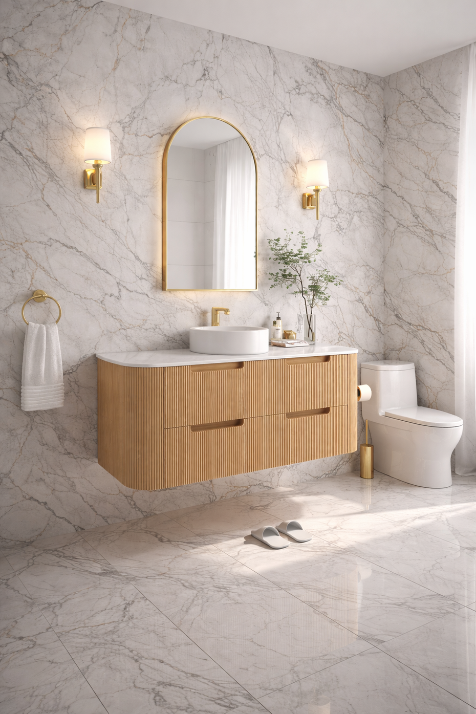 Hudson Wall Hung 1500mm Single Basin Curved Plywood Timber Fluted Vanity