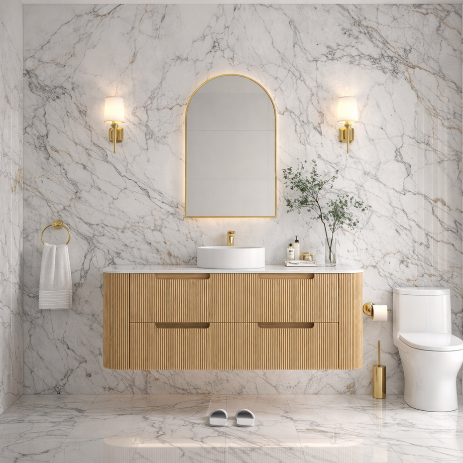 Hudson Wall Hung 1500mm Single Basin Curved Plywood Timber Fluted Vanity