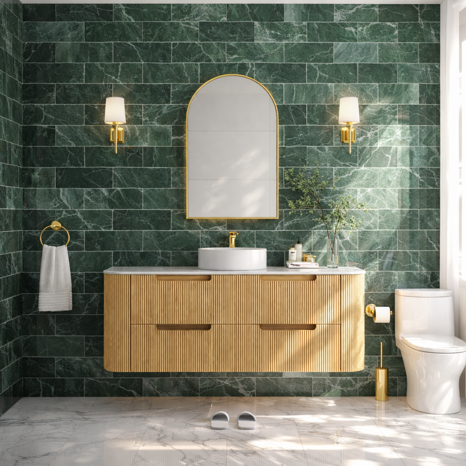 Hudson Wall Hung 1500mm Single Basin Curved Plywood Timber Fluted Vanity