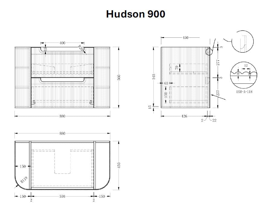 Hudson Wall Hung 900mm Curved Plywood Timber Fluted Vanity