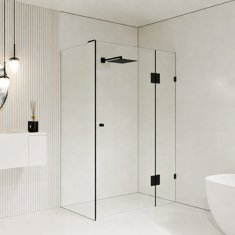10mm Frameless Shower Screen with Hinged door - Matte Black Fitting