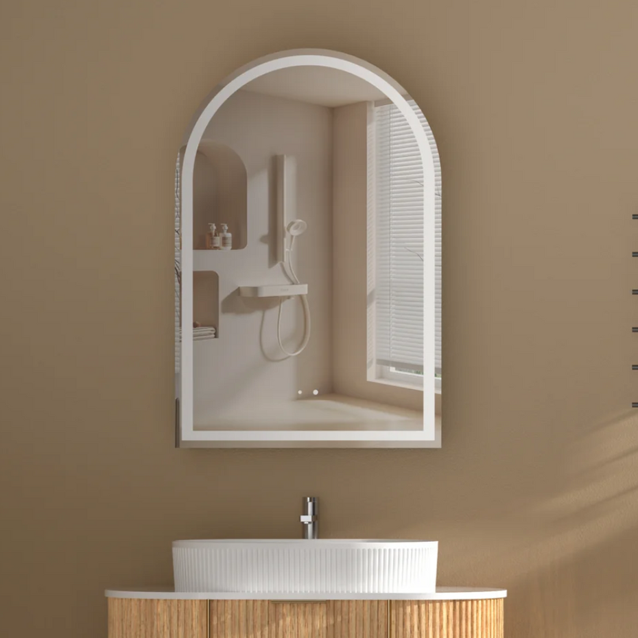 Imperial Matte White/Walnut Arch Shaving Cabinet with LED 600x900mm