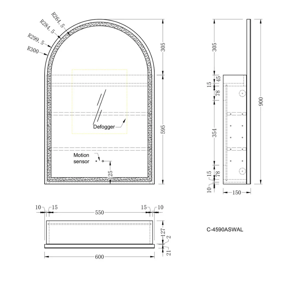 Imperial Matte White/Walnut Arch Shaving Cabinet with LED 600x900mm