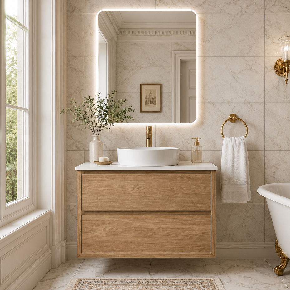 Sahara (MK2) 900mm Wall Hung Natural Oak Timber Veneer Bathroom Vanity
