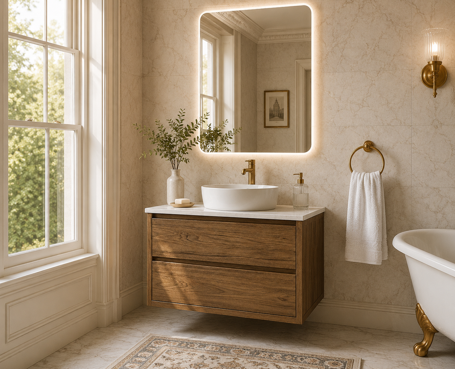 Sahara (MK2) 900mm Wall Hung Natural Walnut Timber Veneer Bathroom Vanity