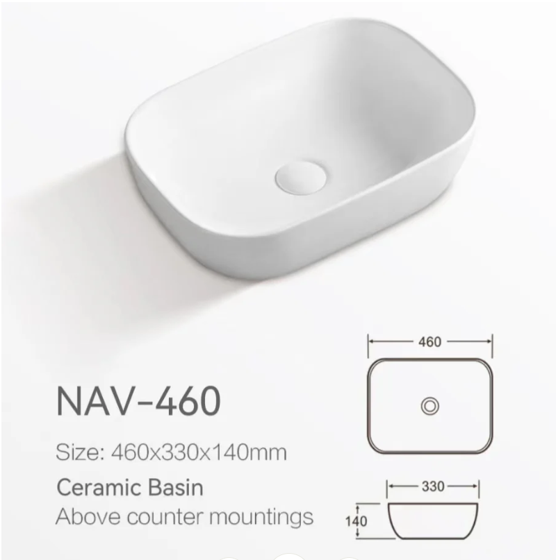460X330X140MM WHITE ABOVE COUNTER CERAMIC BASIN