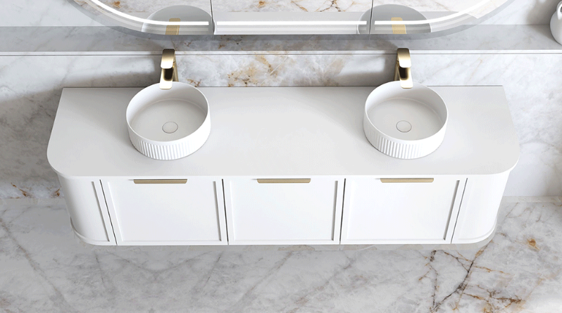 HAMPSHIRE 1800MM SATIN WHITE WALL HUNG CURVE VANITY