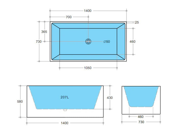 Theo Bathtub - 1000mm -1700mm Available