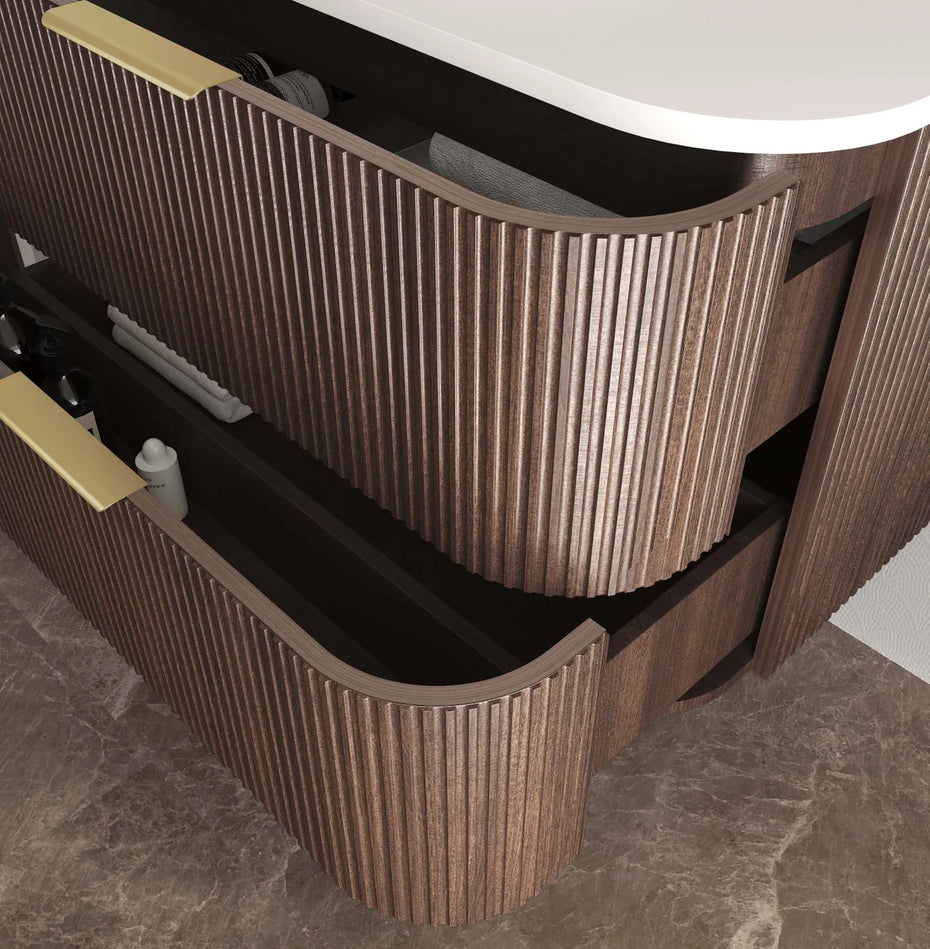 Havana 900mm Sable Walnut Fluted Wall Hung Curve Vanity