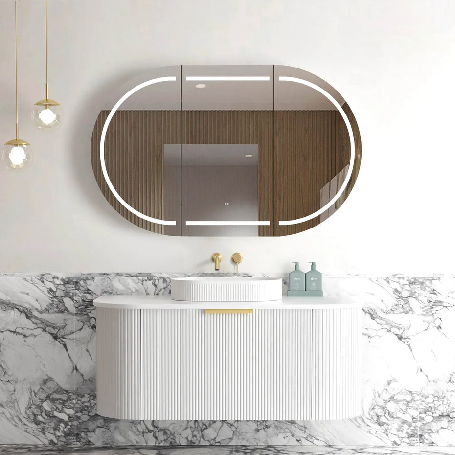 BONDI 1200MM SATIN WHITE FLUTED WALL HUNG CURVE VANITY