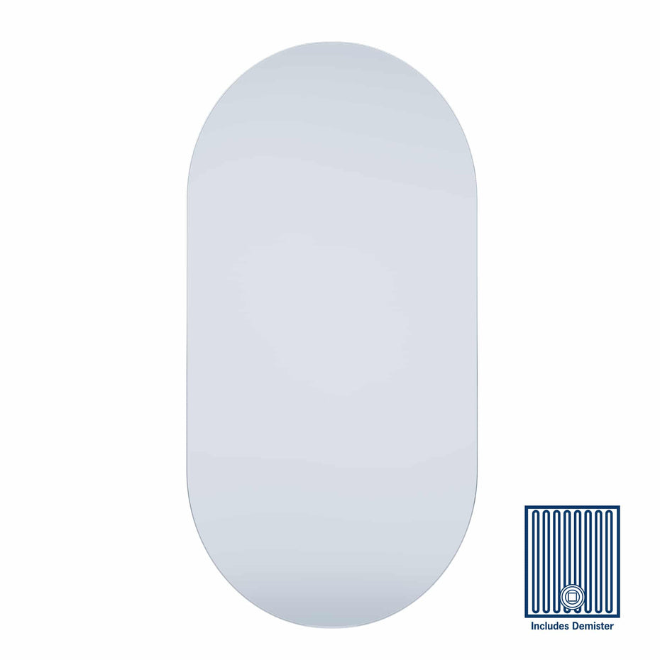 DP5010HND or DP5010GTD Pill Shape Polished Edge Mirror with Hangers or Glue to wall including demister