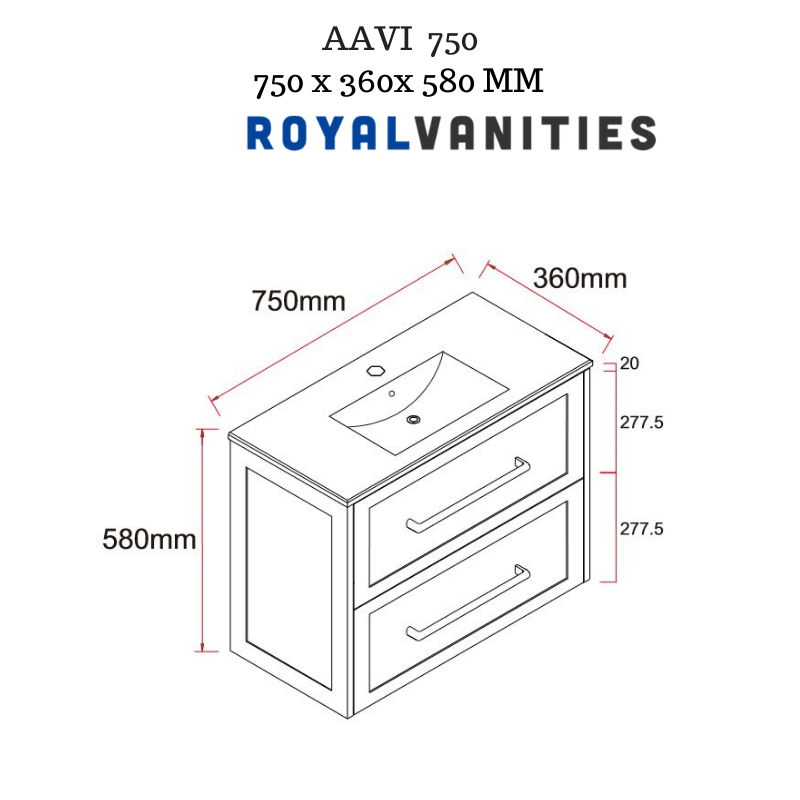 AAVI 750mm Hampton Shaker Style Slim Powder room Vanity