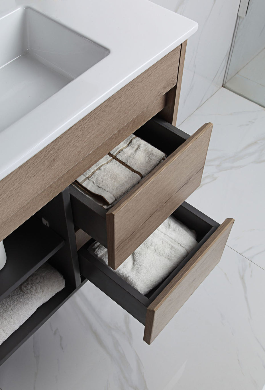 YORK 900 Wall Hung Timber Look Powder Room Slim Vanity