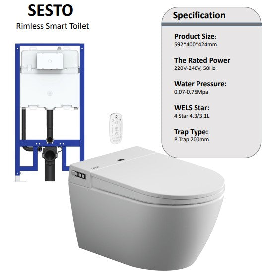 AULIC Sesto Wall Hung Rimless Smart Toilet with flush plate