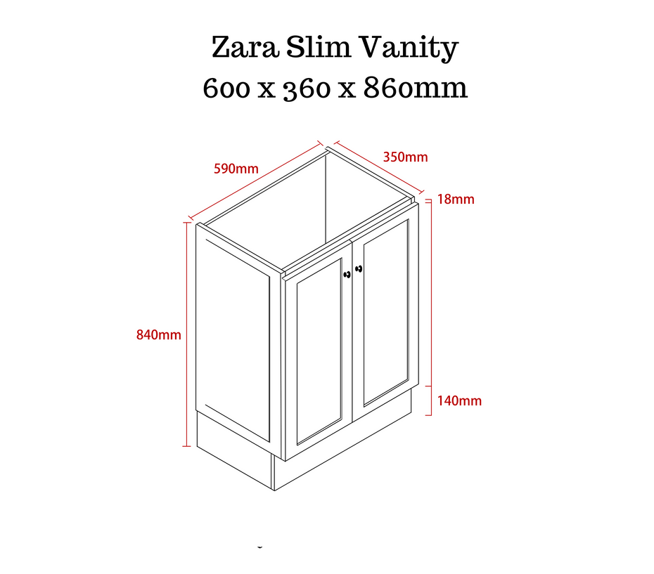 Zara 600mm Hampton Shaker Style Slim Powder room Vanity