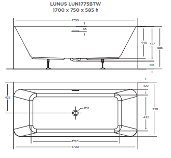 LUNUS Back-to-wall bath-GLOSS WHITE 1700mm