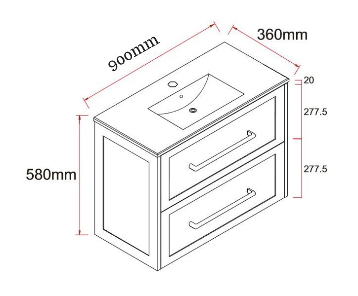 AAVI 900mm Hampton Shaker Style Slim Powder room Vanity