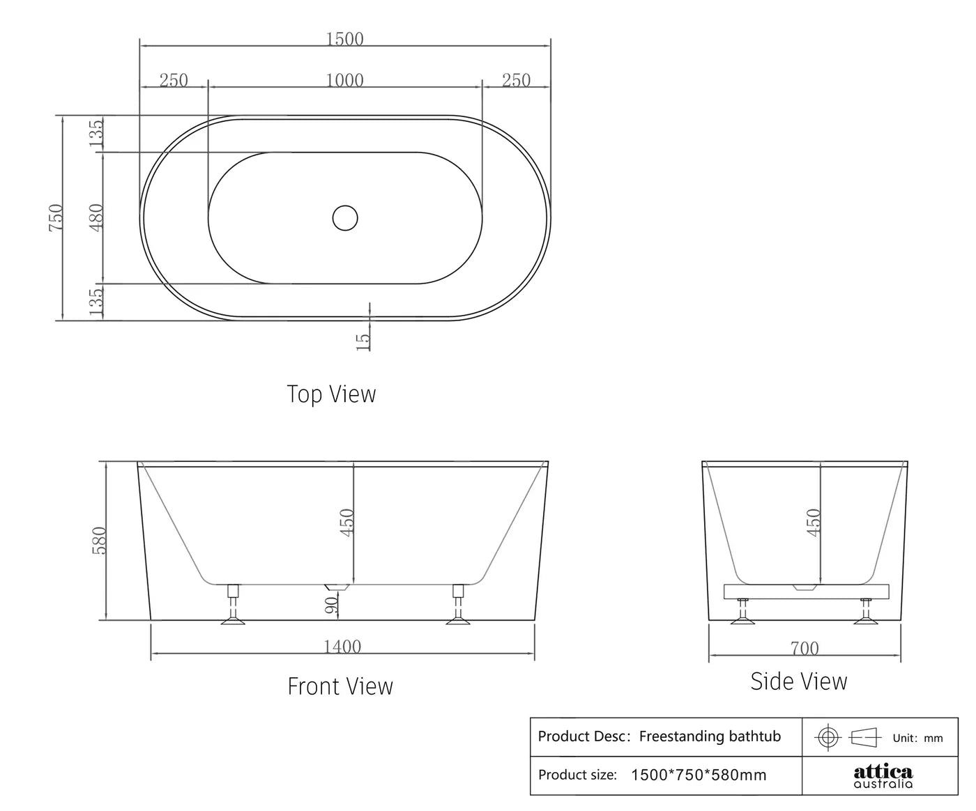 NOOSA Freestanding Bath 1500mm Gloss White