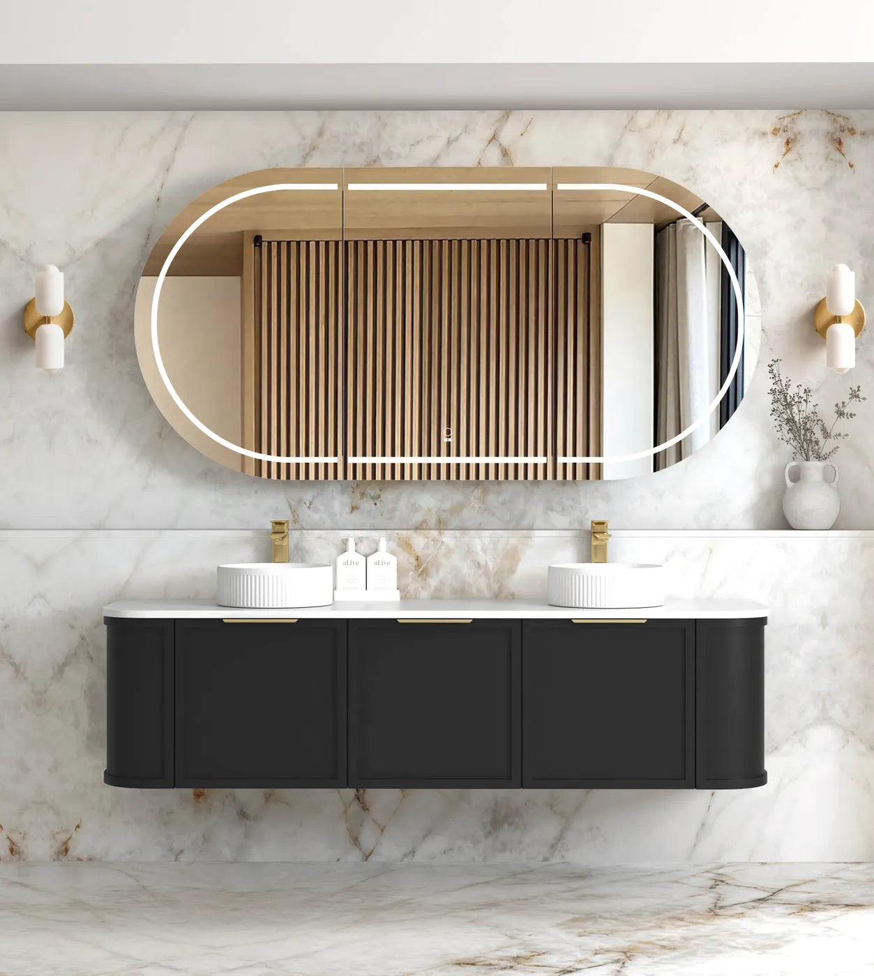 HAMPSHIRE 1800MM SATIN BLACK WALL HUNG CURVE VANITY