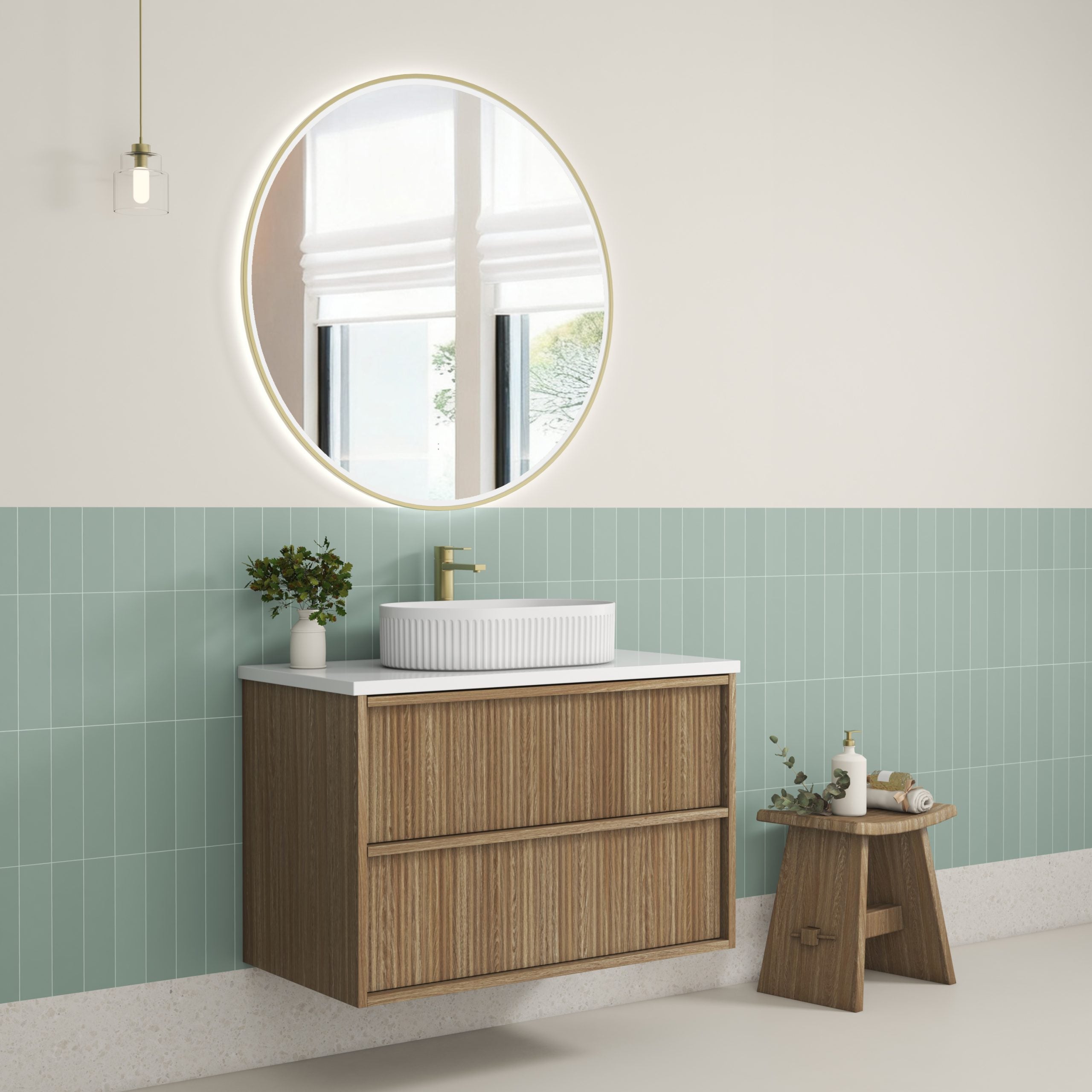Venetta Fluted Framed Wall Hung 900mm Harvest Oak Cabinet