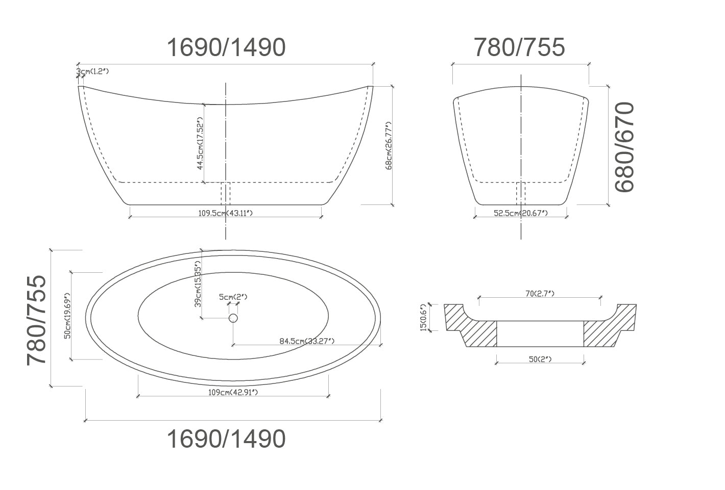 Black oval shape freestanding Bath tub -CURO 1700 BT281BK