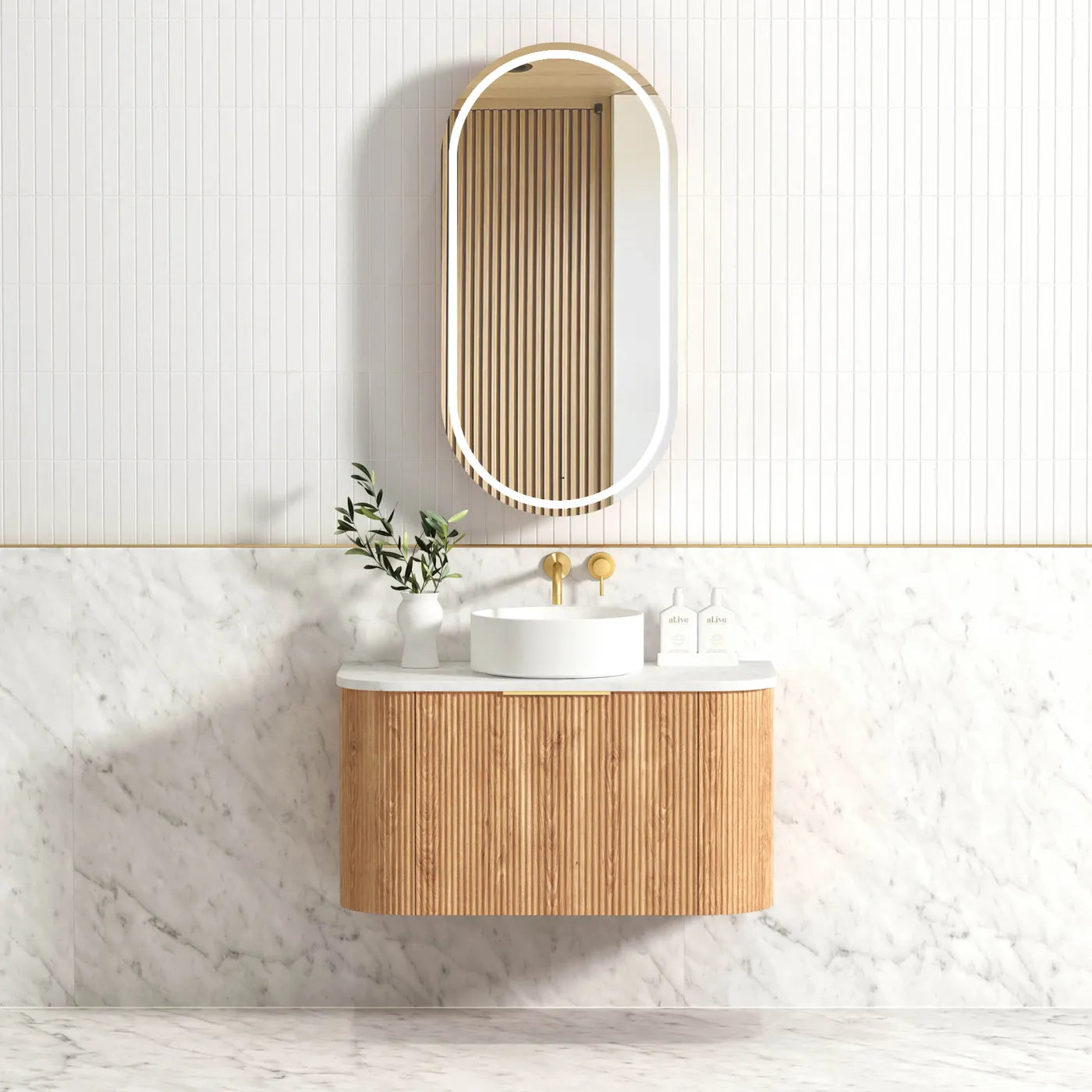 BONDI 900MM WOODLAND OAK FLUTED CURVE VANITY