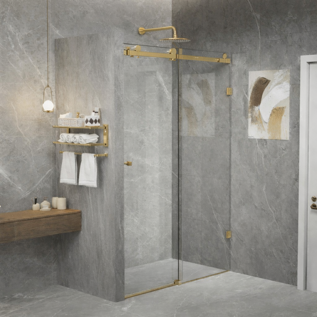 10mm Frameless Shower Screen with Sliding Door - Brushed Gold