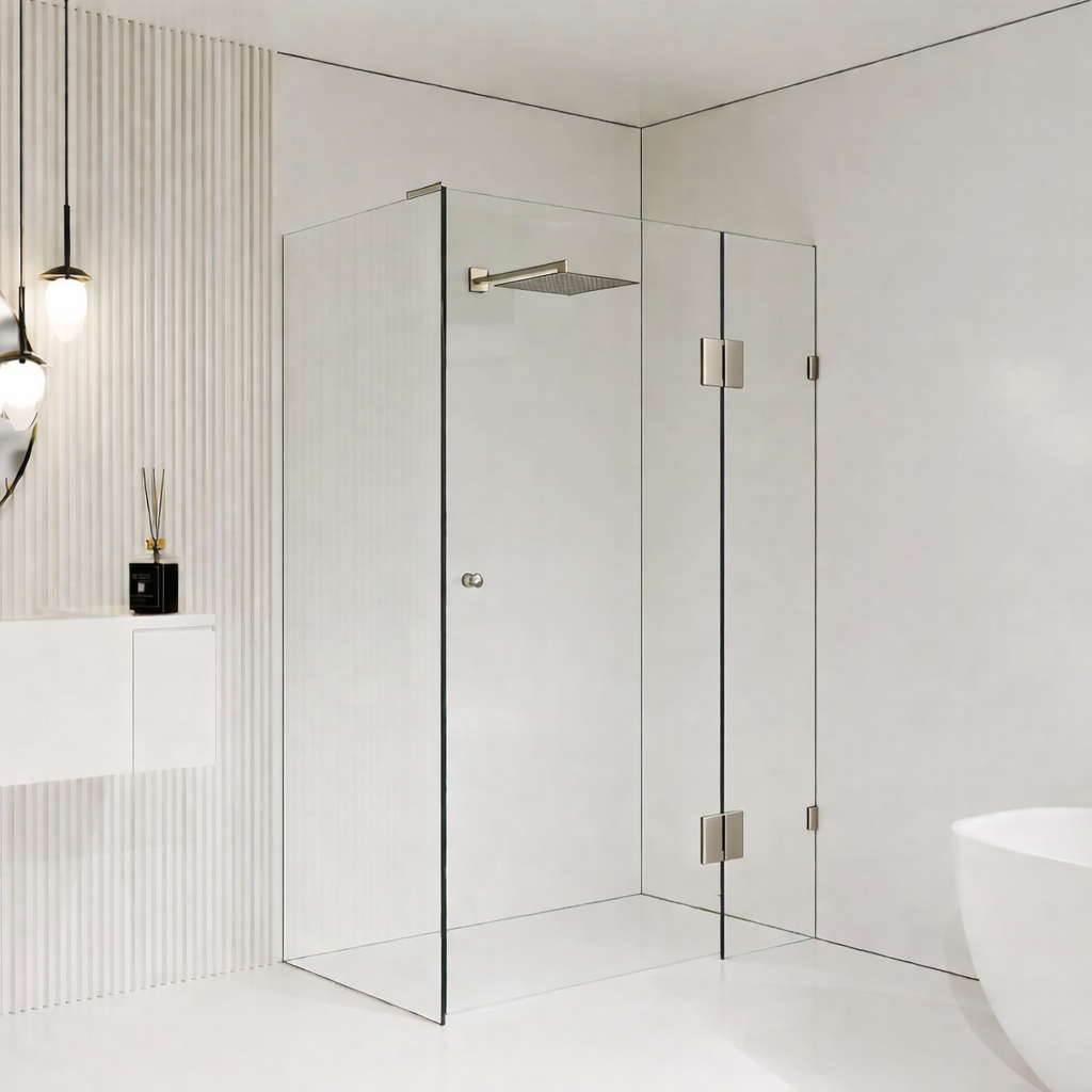 10mm Frameless Shower Screen with Hinged door - Brushed Nickel