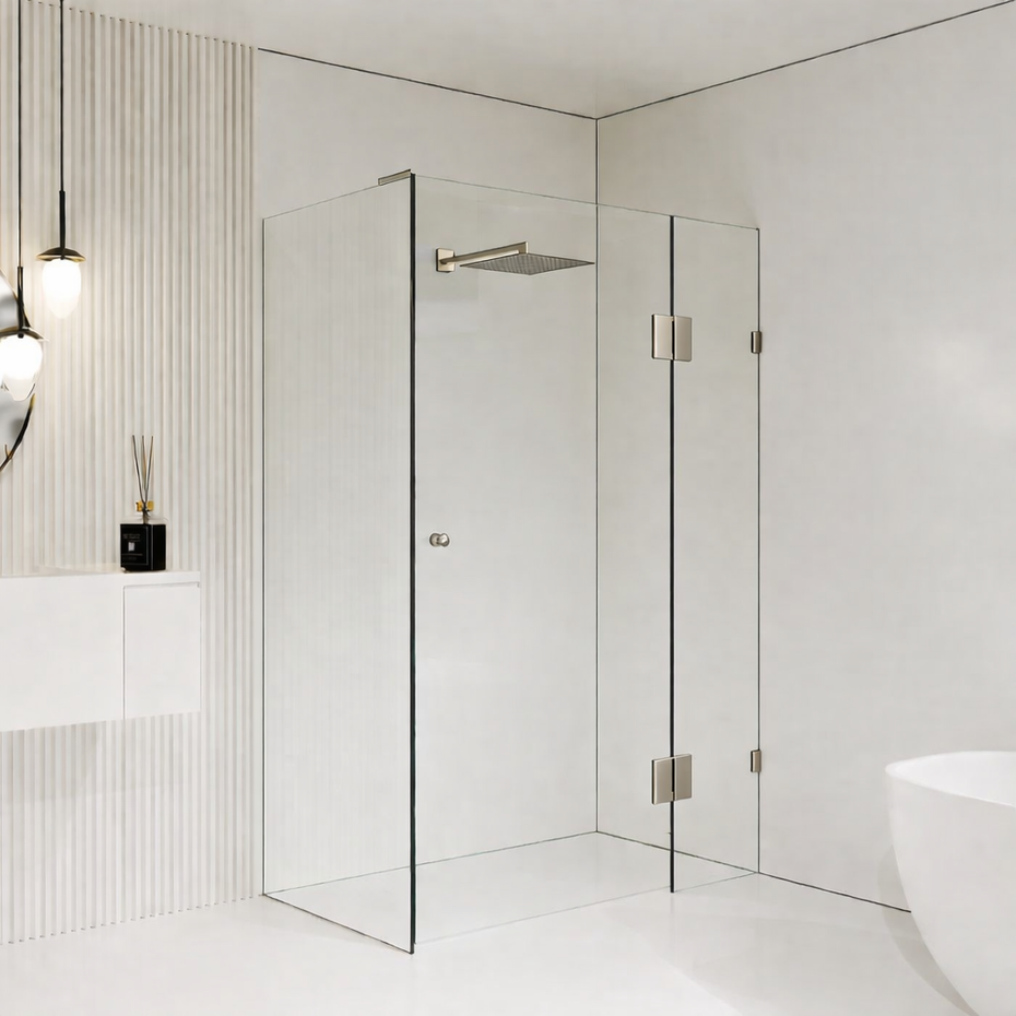 10mm Frameless Shower Screen with Hinged door - Brushed Nickel