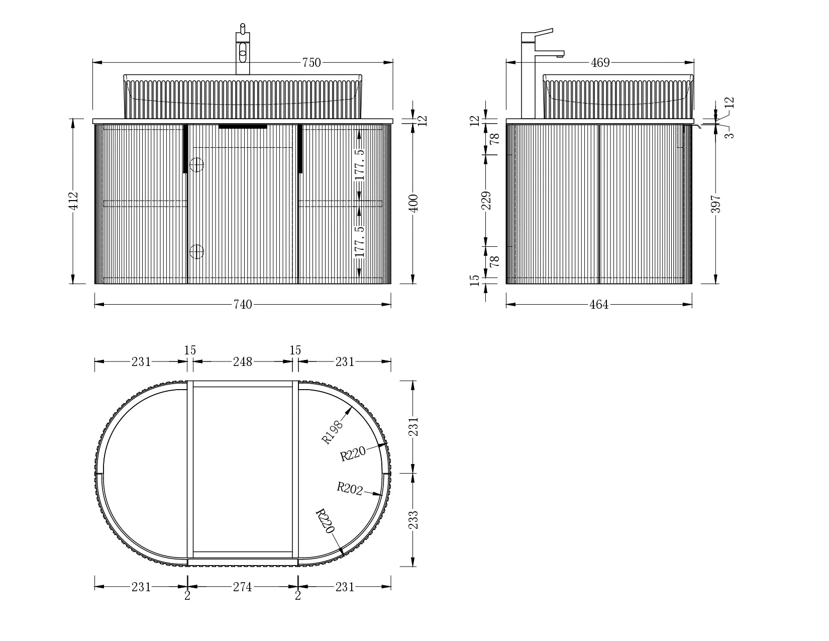 CARYSIL 750mm Fluted Wall Hung Vanity - Walnut