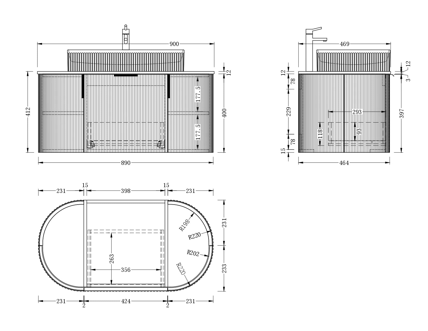 CARYSIL 900mm Fluted Wall Hung Vanity - Walnut