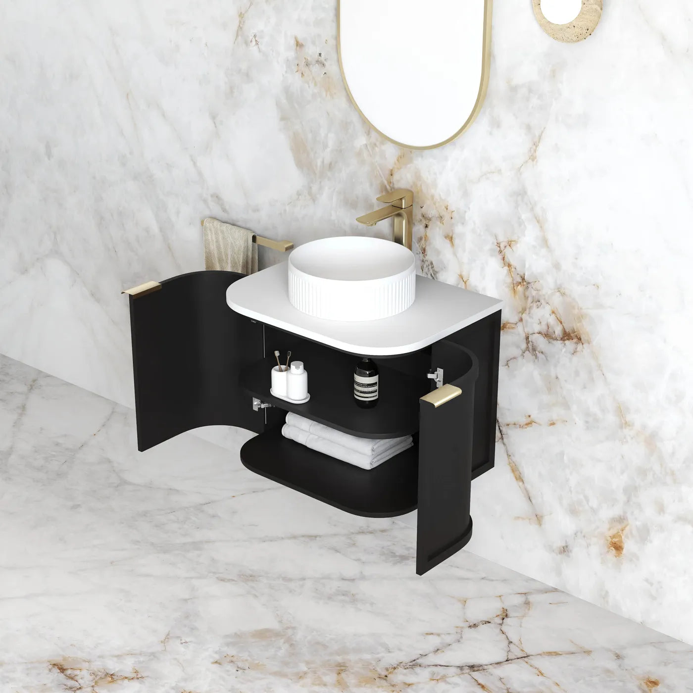 HAMPSHIRE 600MM SATIN BLACK WALL HUNG CURVE VANITY