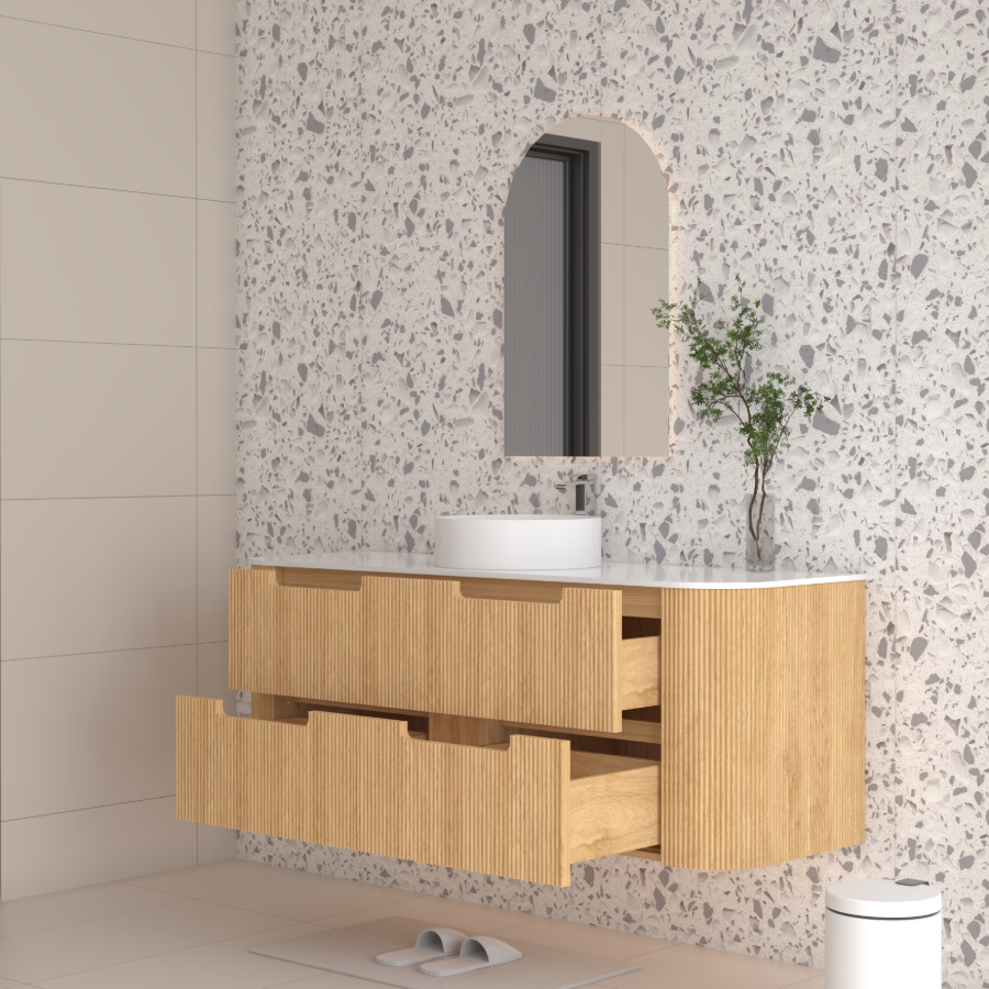 Hudson Wall Hung 1500mm Single Basin Curved Plywood Timber Fluted Vanity