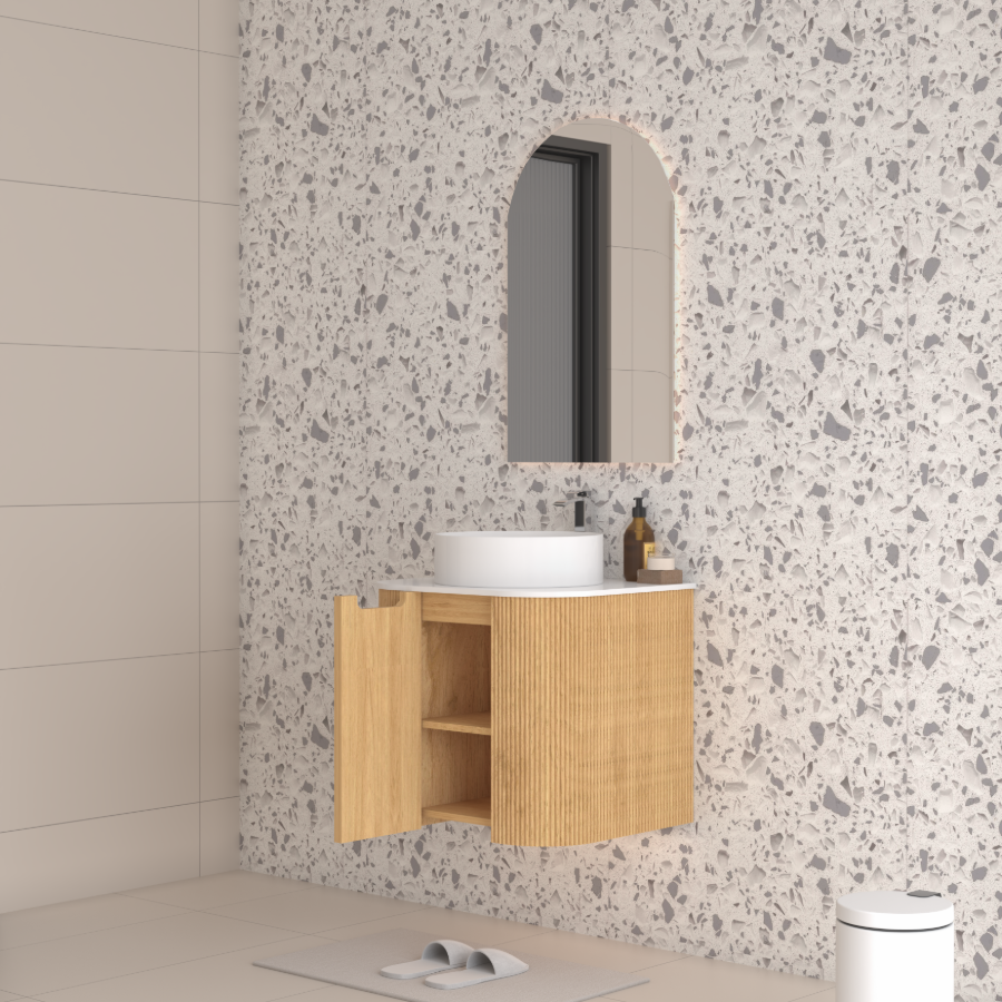 Hudson Wall Hung 600mm Curved Plywood Timber Fluted Vanity