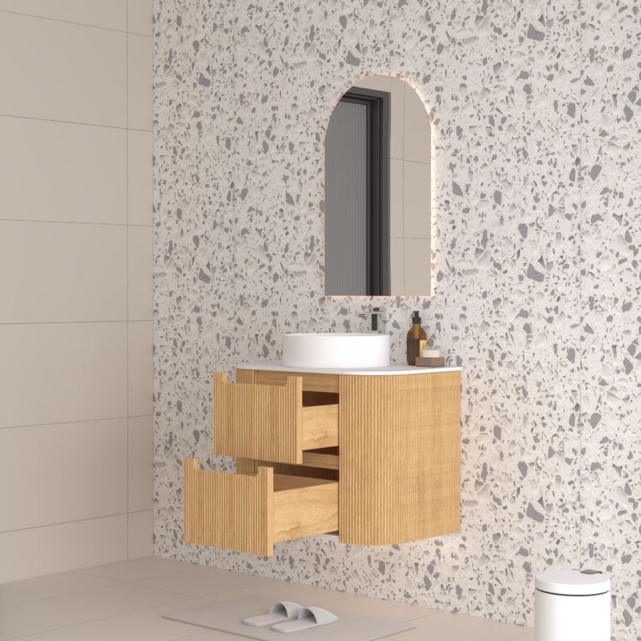 Hudson Wall Hung 750mm Curved Plywood Timber Fluted Vanity
