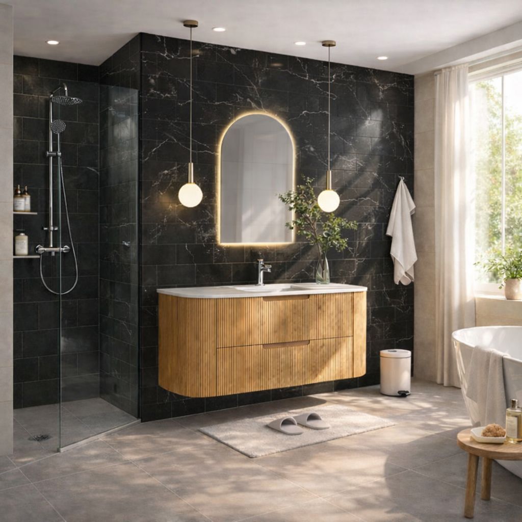 Hudson Wall Hung 1200mm Curved Plywood Timber Fluted Vanity