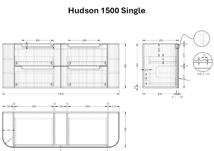 Hudson Wall Hung 1500mm Single Basin Curved Plywood Timber Fluted Vanity