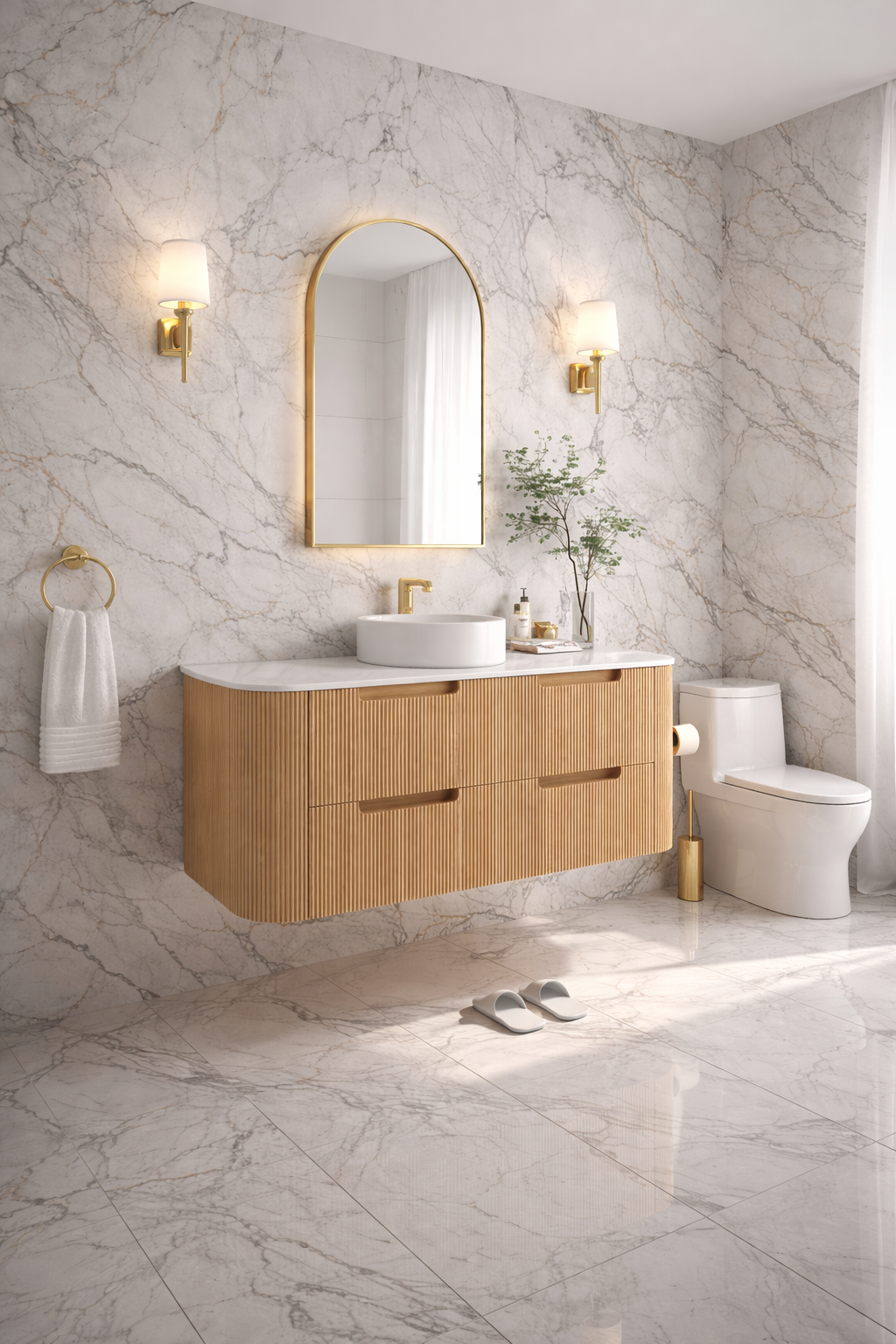 Hudson Wall Hung 1500mm Single Basin Curved Plywood Timber Fluted Vanity