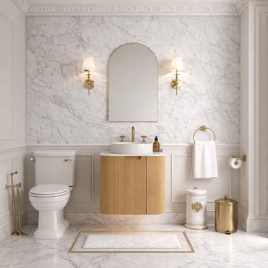 Hudson Wall Hung 600mm Curved Plywood Timber Fluted Vanity