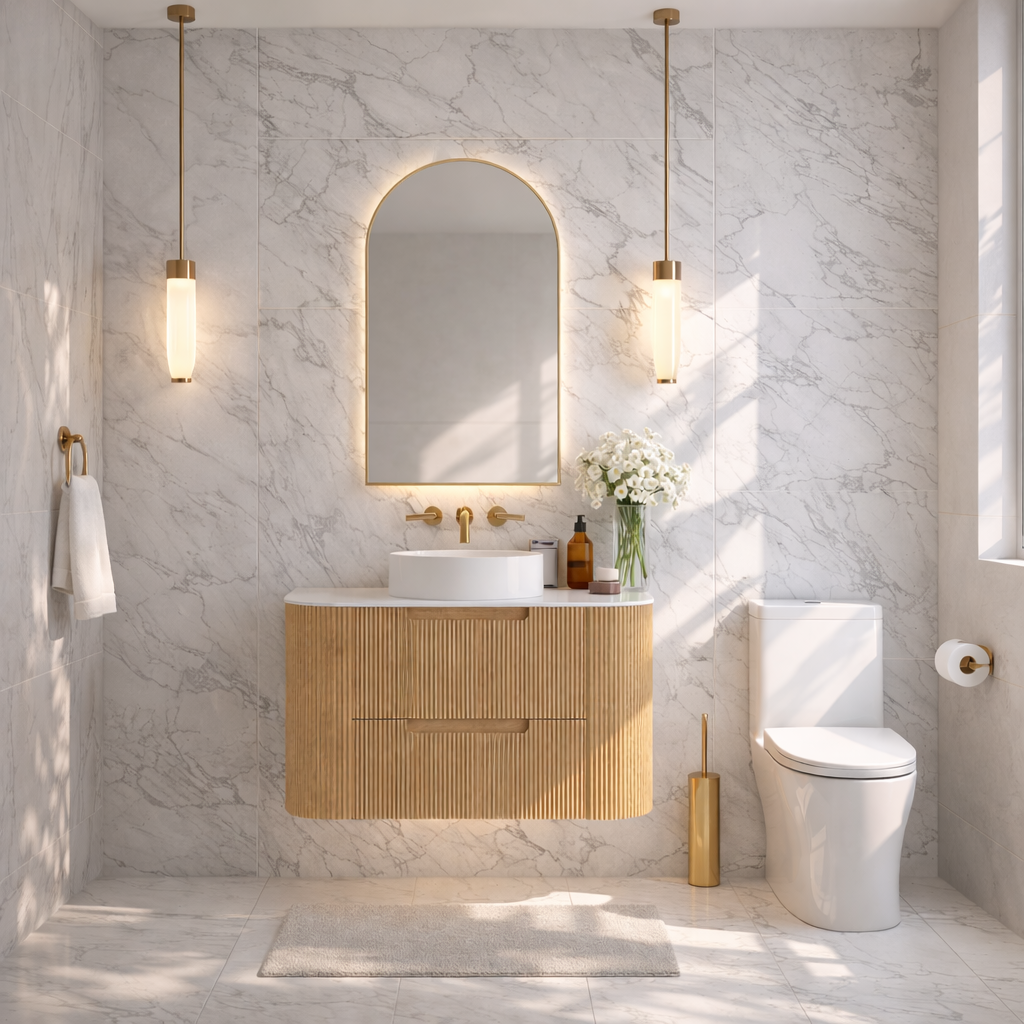 Hudson Wall Hung 900mm Curved Plywood Timber Fluted Vanity