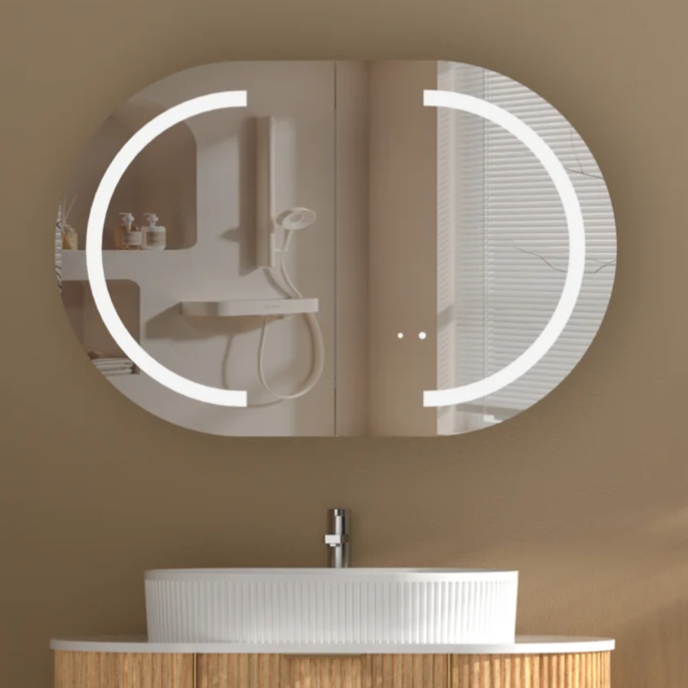 LED Mystic Matte White/Walnut Shaving Cabinet 900x600MM
