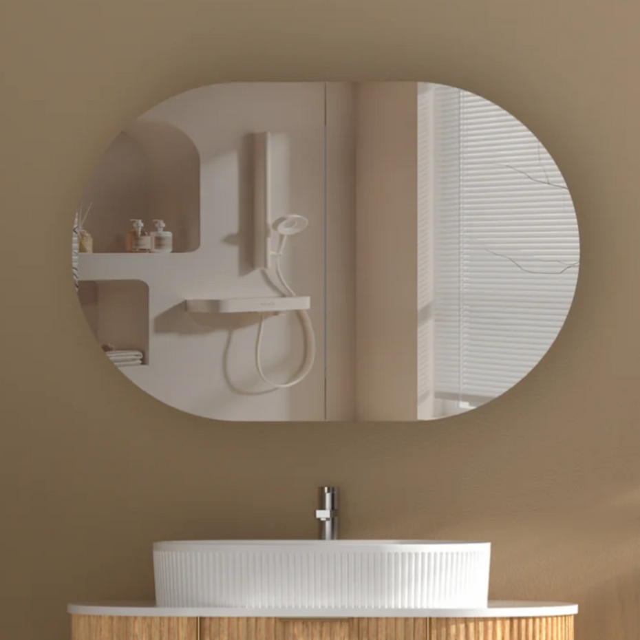 Mystic 900x600mm Matte White/Walnut Shaving Cabinet.