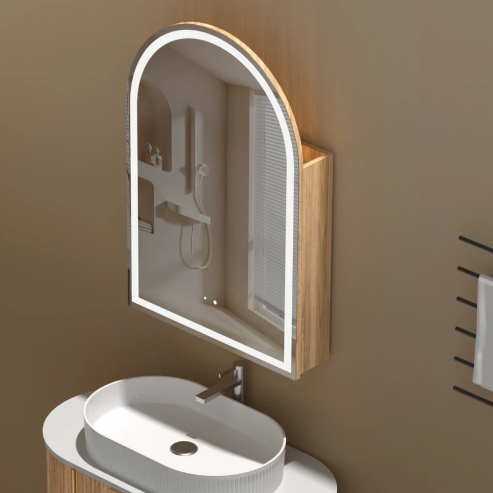 Imperial Matte White/Walnut Arch Shaving Cabinet with LED 600x900mm